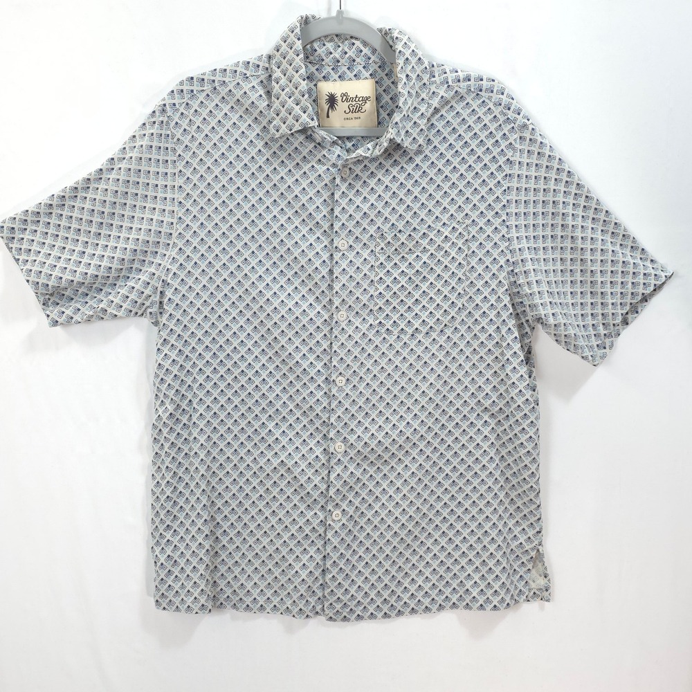 Vintage Silk Button Down 100% Silk Geometric Blue Cream Men L Resortwear Office